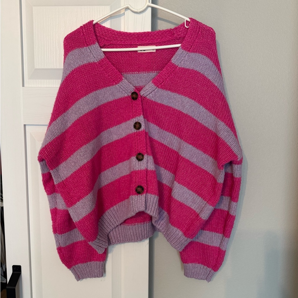 Vici Pink and Lavender Striped Button-Up Cardigan - Picture 2 of 3